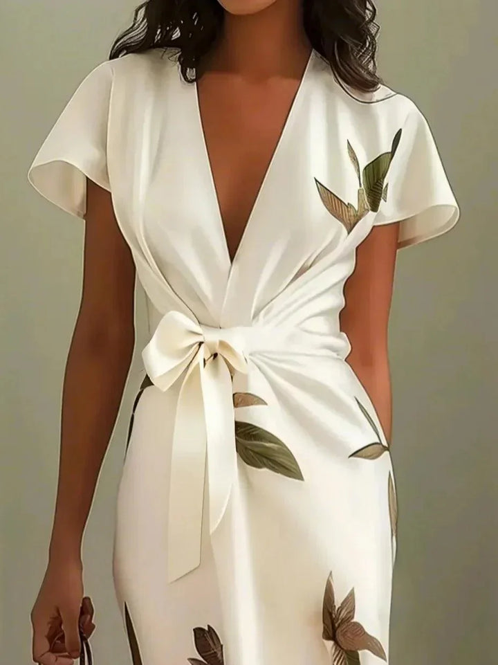 Judy | White Leaf Short Sleeve Satin Midi Dress