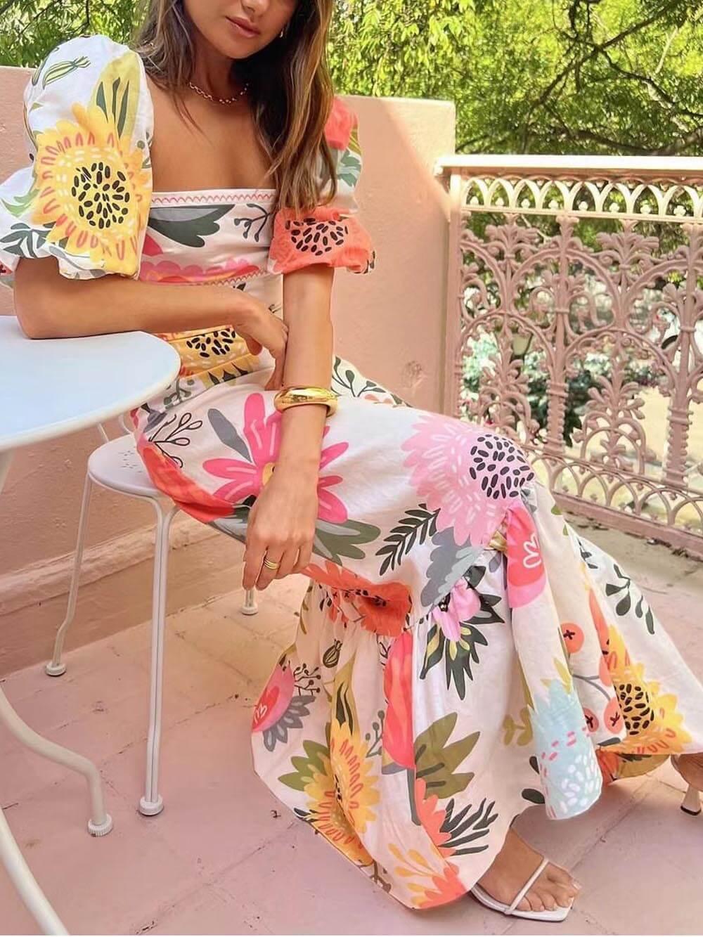 Ivy | Holiday Square Neck Floral Print Maxi Dress