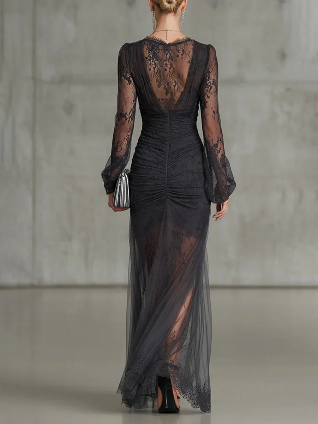 Sofia | Dark Grey Lace Ruched Maxi Dress