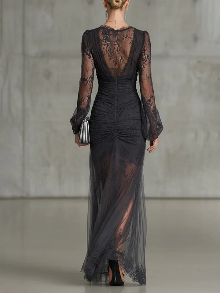 Sofia | Dark Grey Lace Ruched Maxi Dress