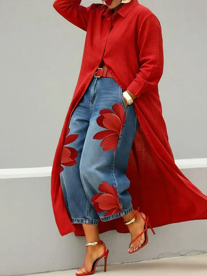 Analie - Linen Shirt Dress and Floral Jeans