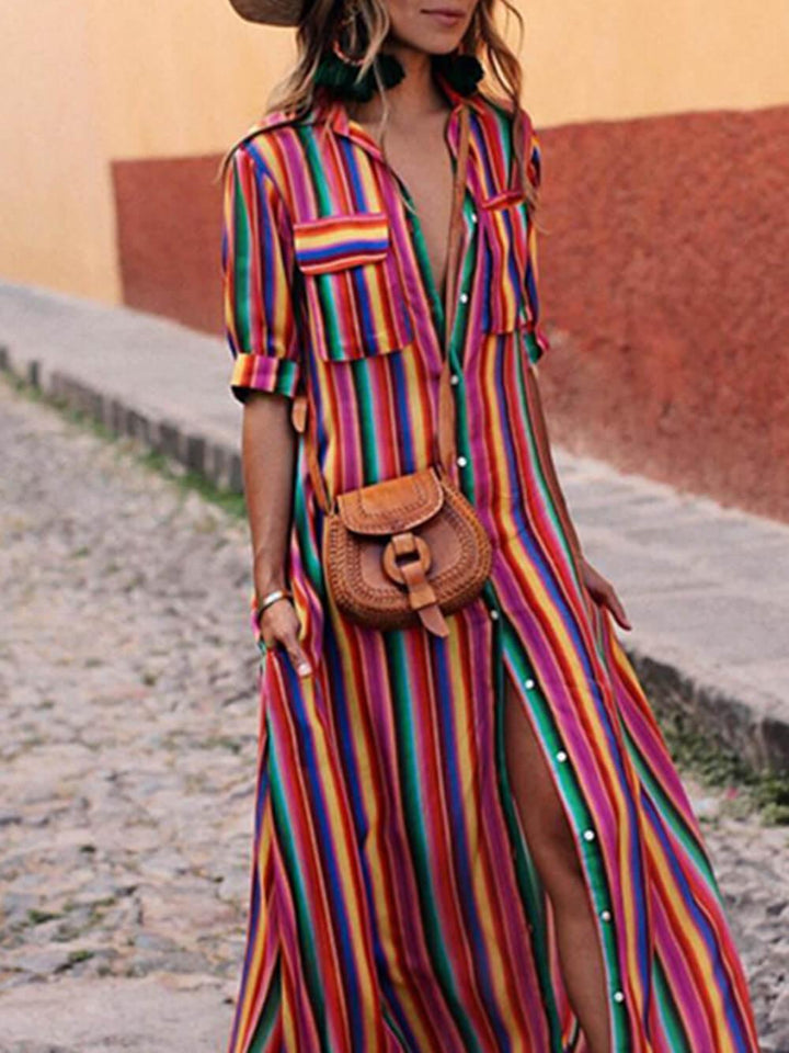 Nancy | Summer Casual Striped Printed Shirt Maxi Skirt