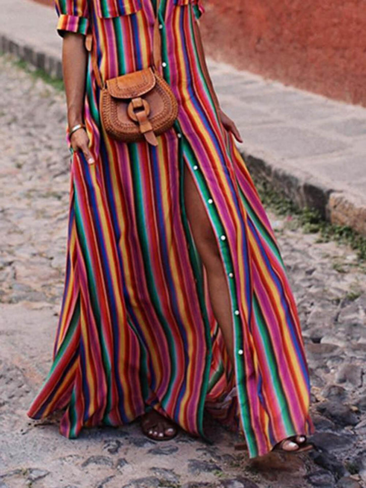 Nancy | Summer Casual Striped Printed Shirt Maxi Skirt