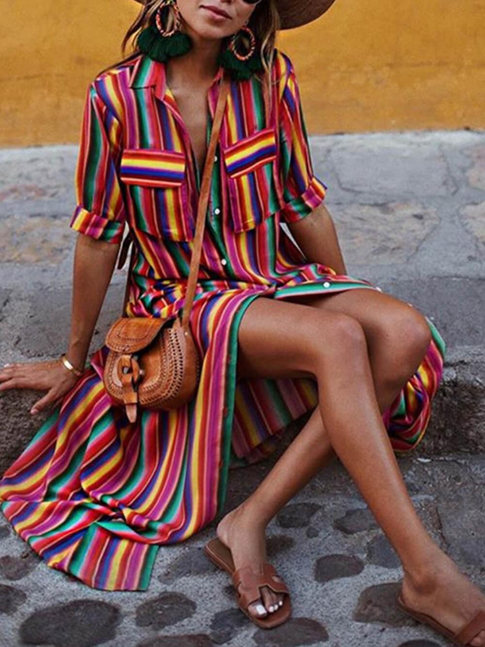 Nancy | Summer Casual Striped Printed Shirt Maxi Skirt