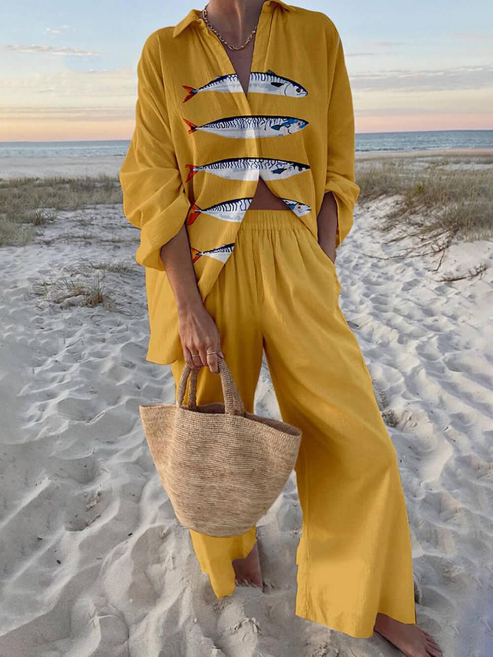 Mae | Island Style Ocean Print Oversized Shirt and Elastic Waist Pocket Pants Set