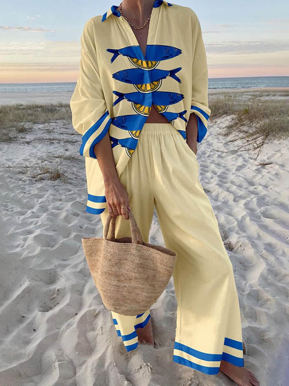 Mae | Island Style Ocean Print Oversized Shirt and Elastic Waist Pocket Pants Set