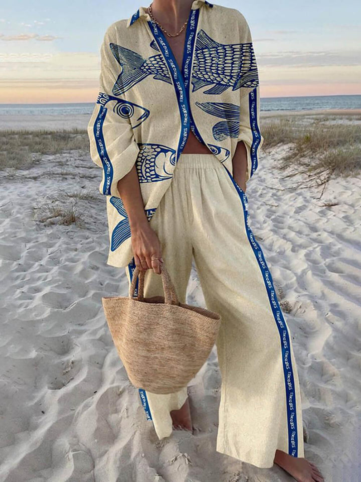 Mae | Island Style Ocean Print Oversized Shirt and Elastic Waist Pocket Pants Set