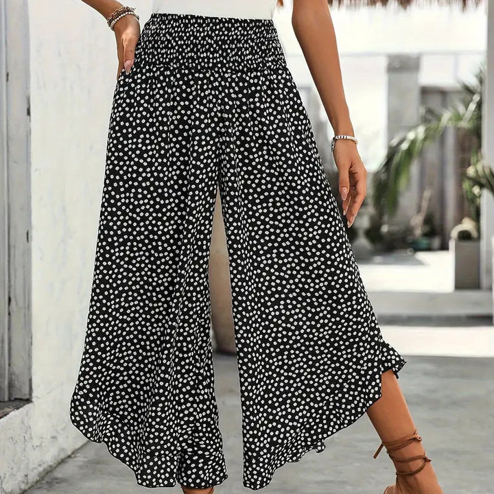 Casual printed high-waisted ruffle wide-leg pants