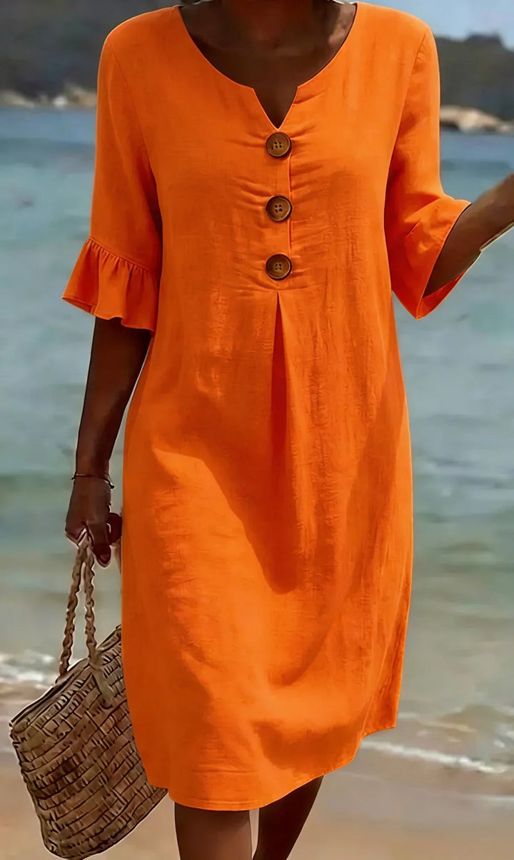 Vanesa™ | Linen Textured Dress with Puff Sleeves and Buttons