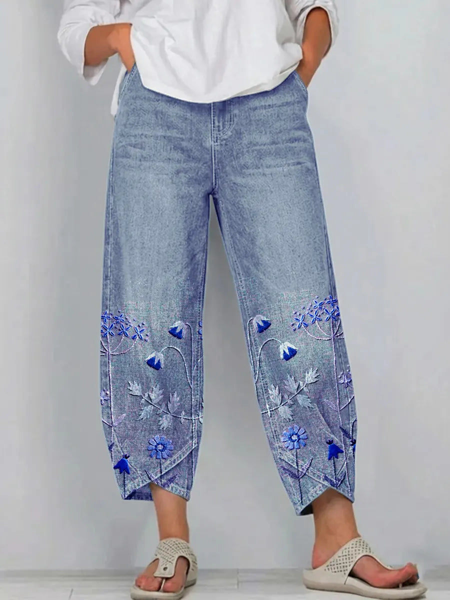 Floral Embroidered Relaxed Denim Pants