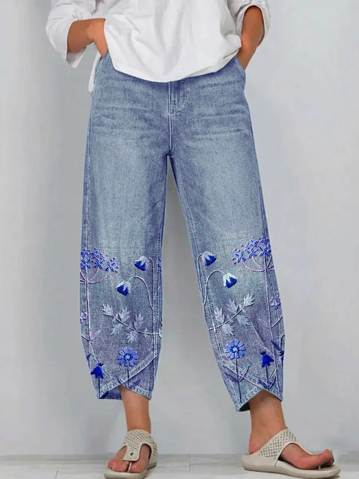 Floral Embroidered Relaxed Denim Pants
