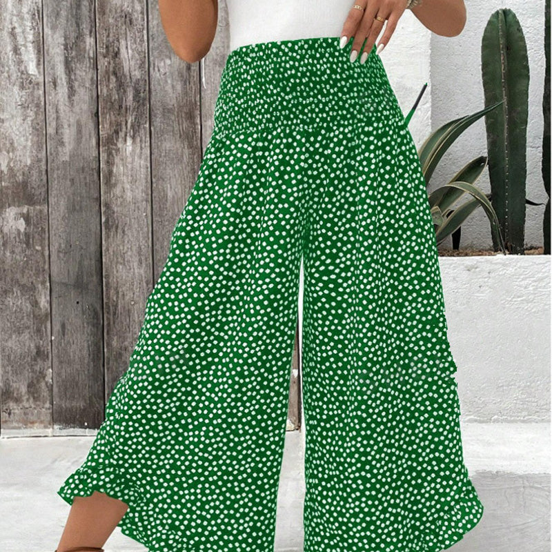 Casual printed high-waisted ruffle wide-leg pants