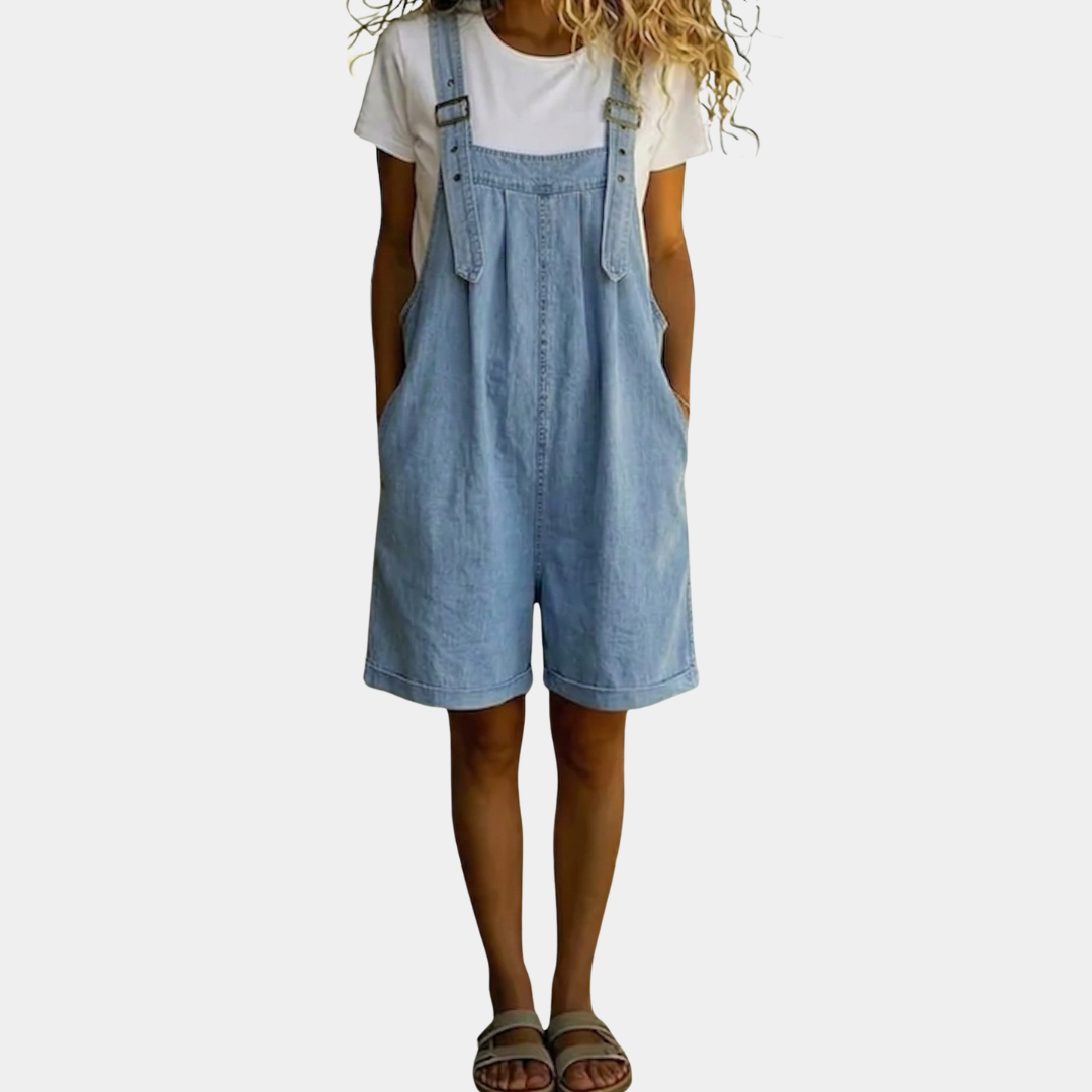 Lily | Vintage Washed Soft Cotton Feel Denim Short Overall Light blue