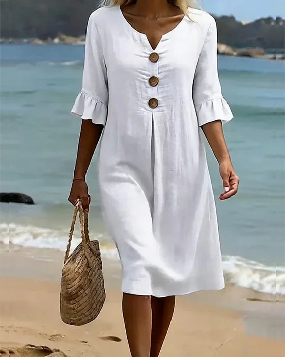 Vanesa™ | Linen Textured Dress with Puff Sleeves and Buttons