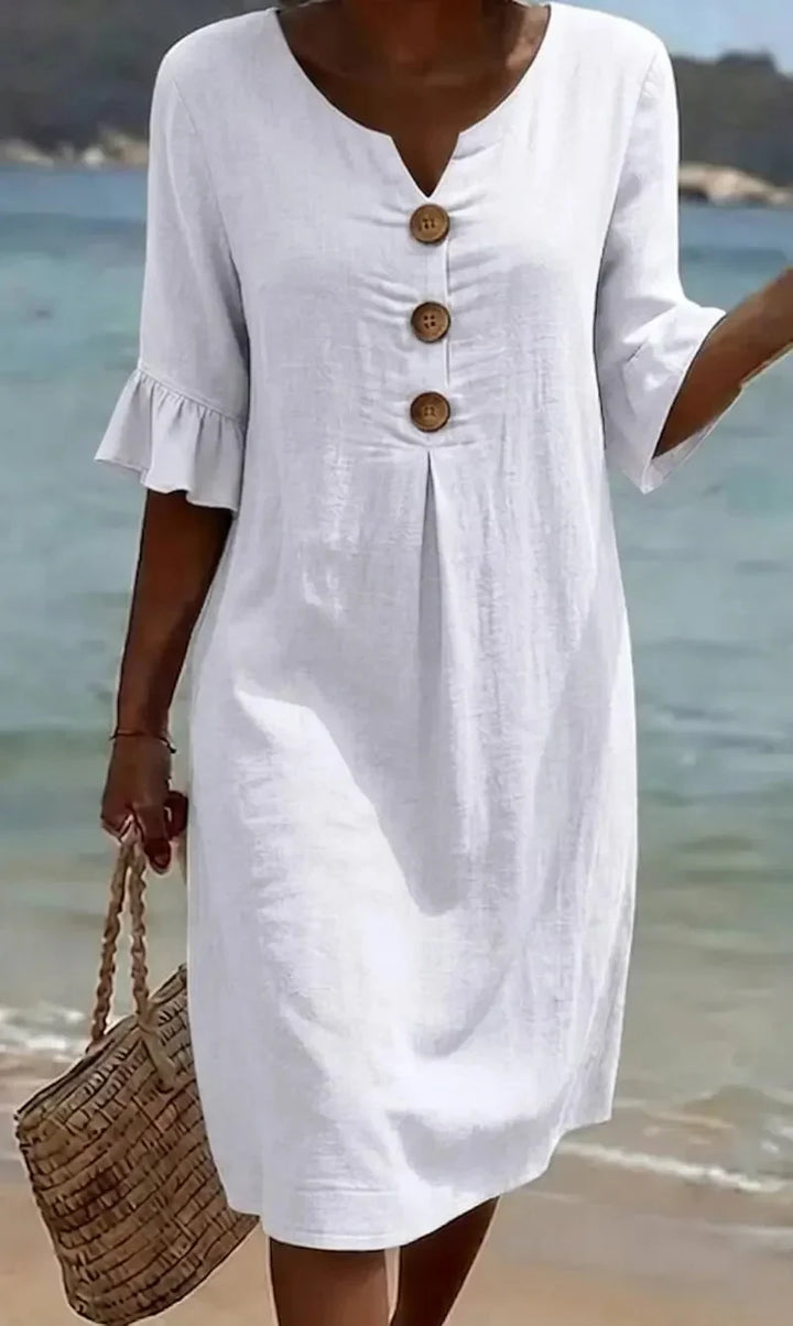 Vanesa™ | Linen Textured Dress with Puff Sleeves and Buttons
