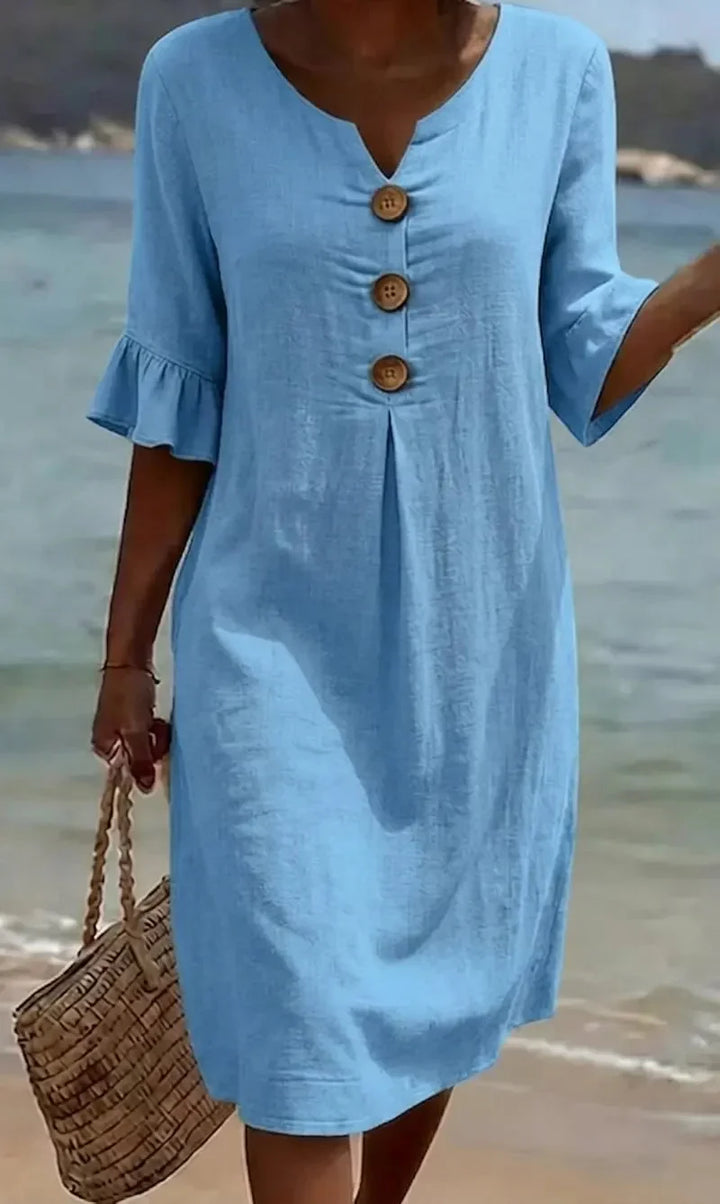 Vanesa™ | Linen Textured Dress with Puff Sleeves and Buttons