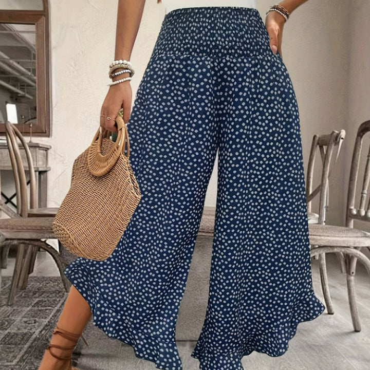 Casual printed high-waisted ruffle wide-leg pants