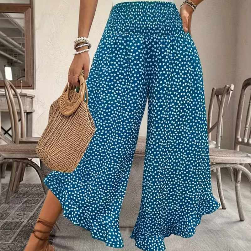 Casual printed high-waisted ruffle wide-leg pants