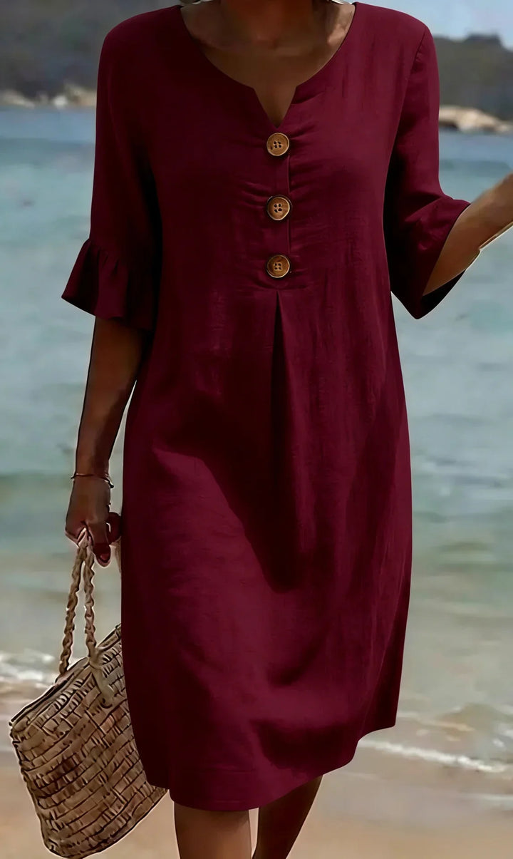 Vanesa™ | Linen Textured Dress with Puff Sleeves and Buttons