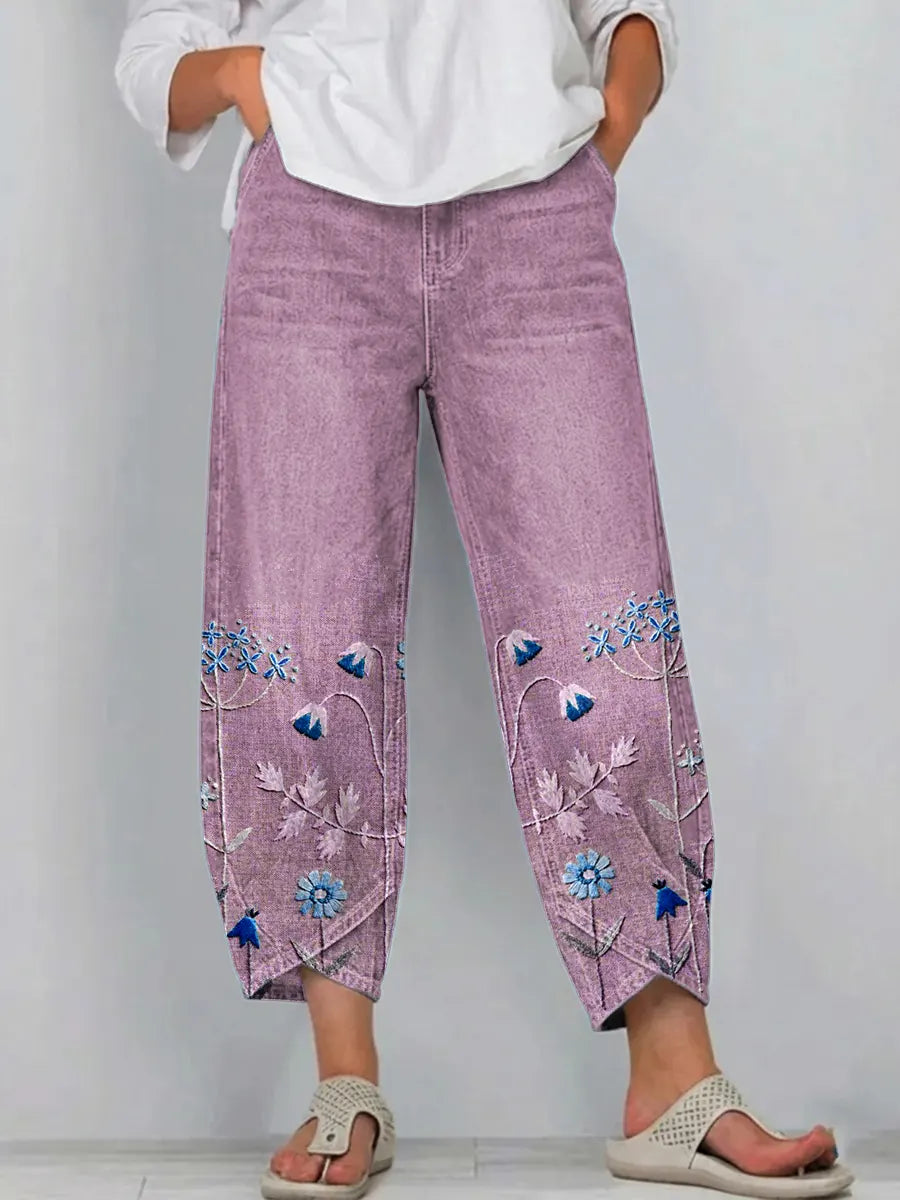 Floral Embroidered Relaxed Denim Pants