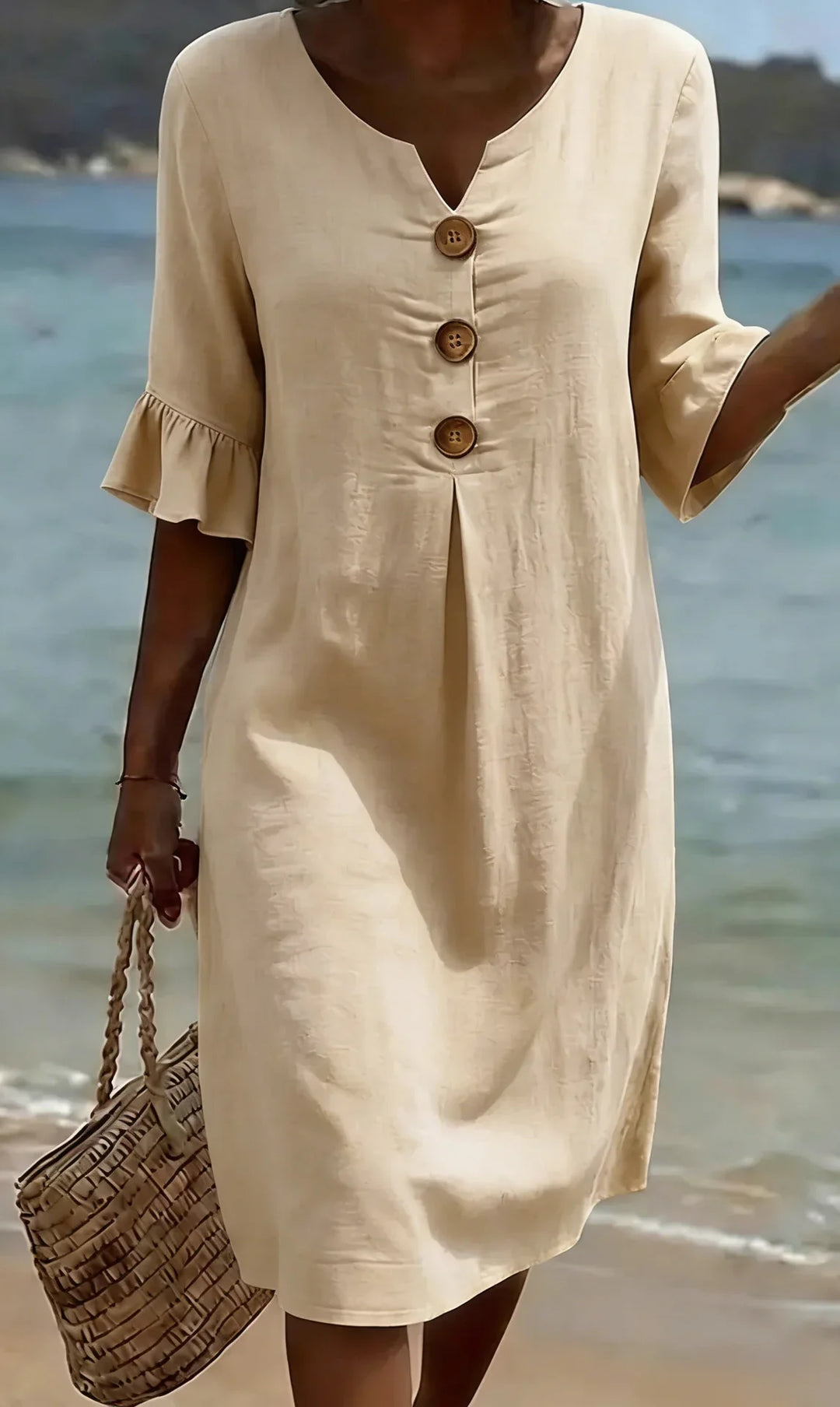 Vanesa™ | Linen Textured Dress with Puff Sleeves and Buttons