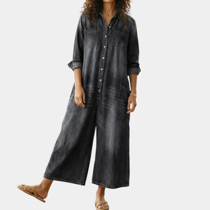 Mae | Vintage Washed Soft Cotton Denim Jumpsuit with Button Closure