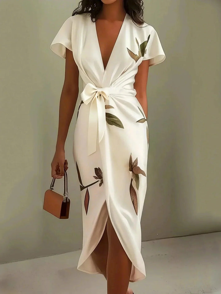 Judy | White Leaf Short Sleeve Satin Midi Dress