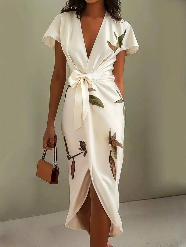 Judy | White Leaf Short Sleeve Satin Midi Dress