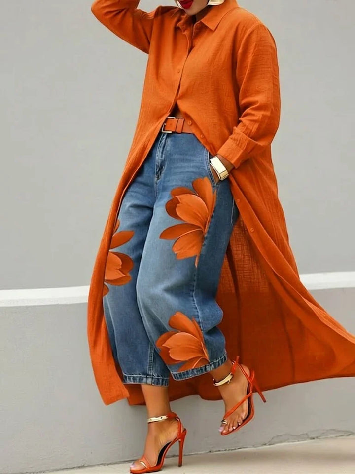 Analie - Linen Shirt Dress and Floral Jeans