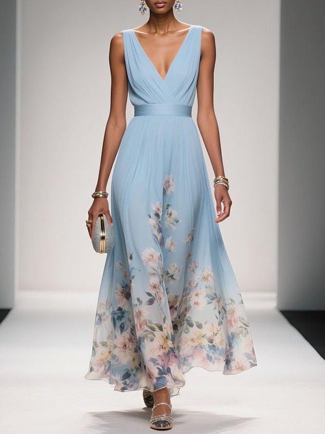Rose | Light Blue Floral Chiffon V-Neck Maxi Dress