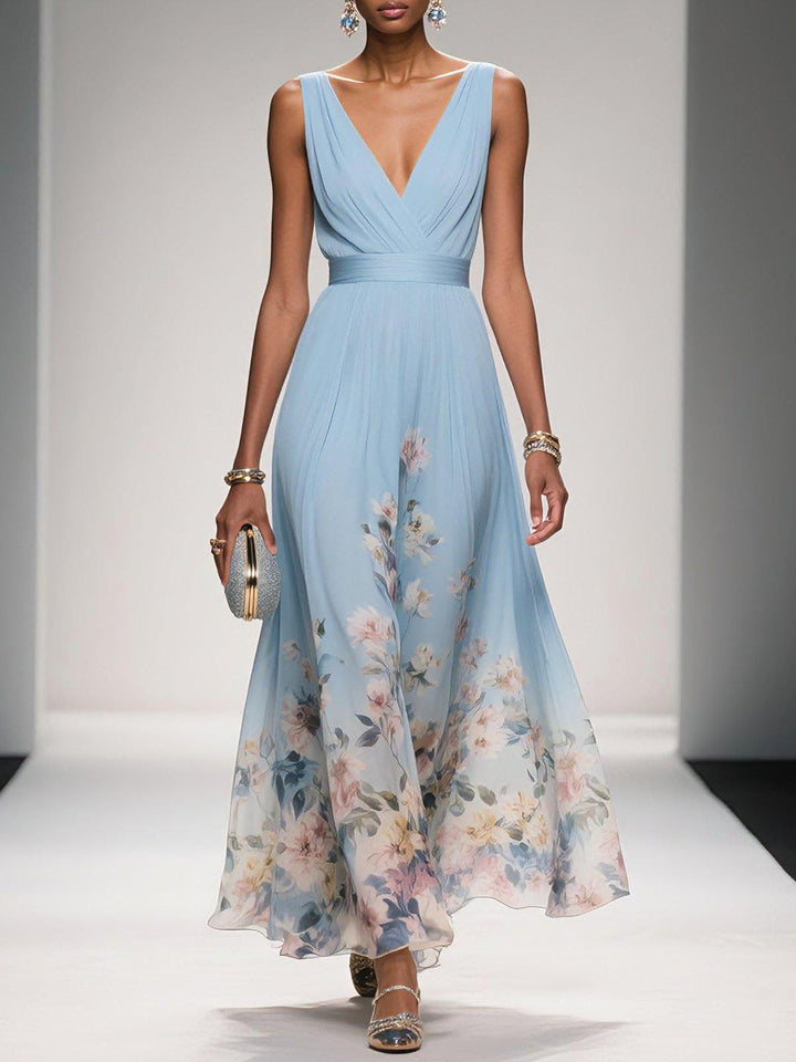 Rose | Light Blue Floral Chiffon V-Neck Maxi Dress