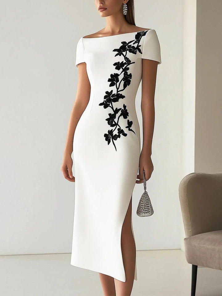 Audrey | Chic Floral Print Boat Neck Midi Dress Outfit