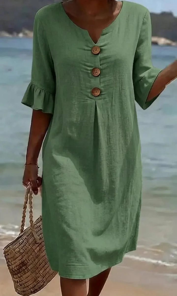 Vanesa™ | Linen Textured Dress with Puff Sleeves and Buttons