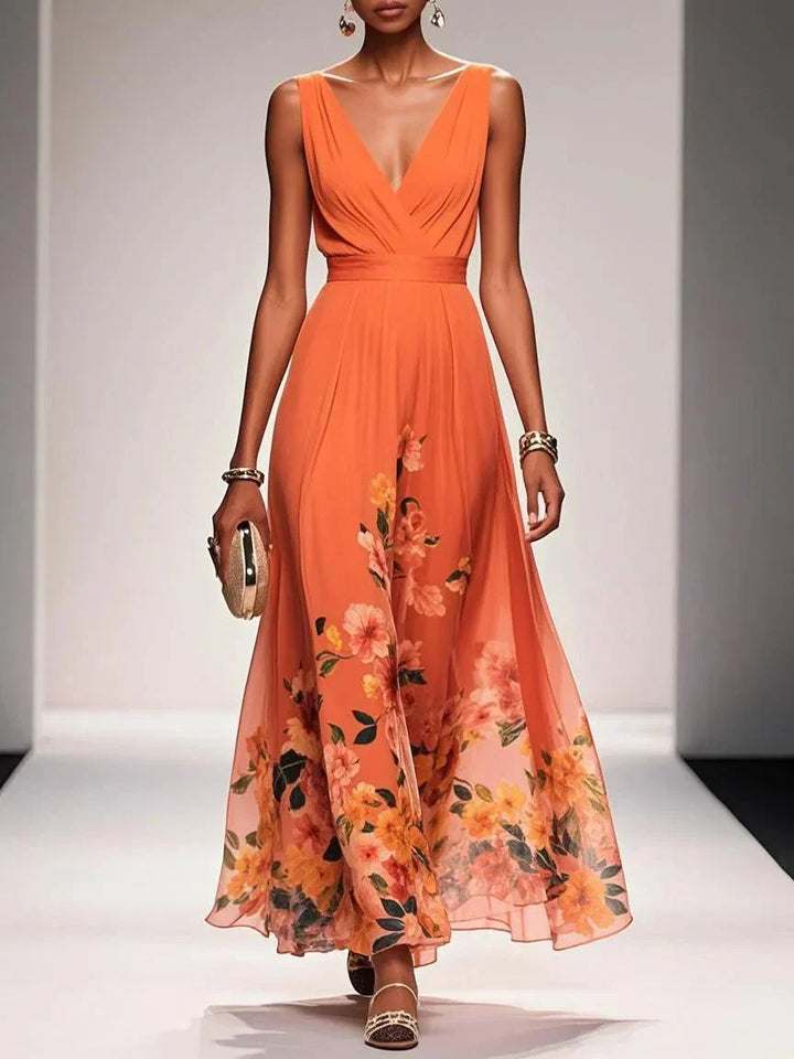 Rose | Light Blue Floral Chiffon V-Neck Maxi Dress