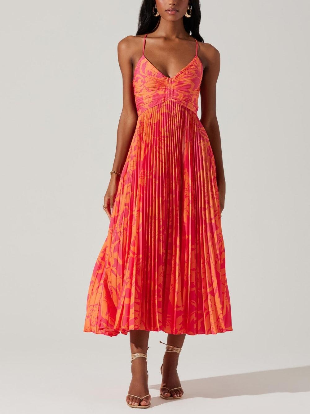 Heather | Coastal Chic Elegant Floral Print Pleats Midi Dress Collection