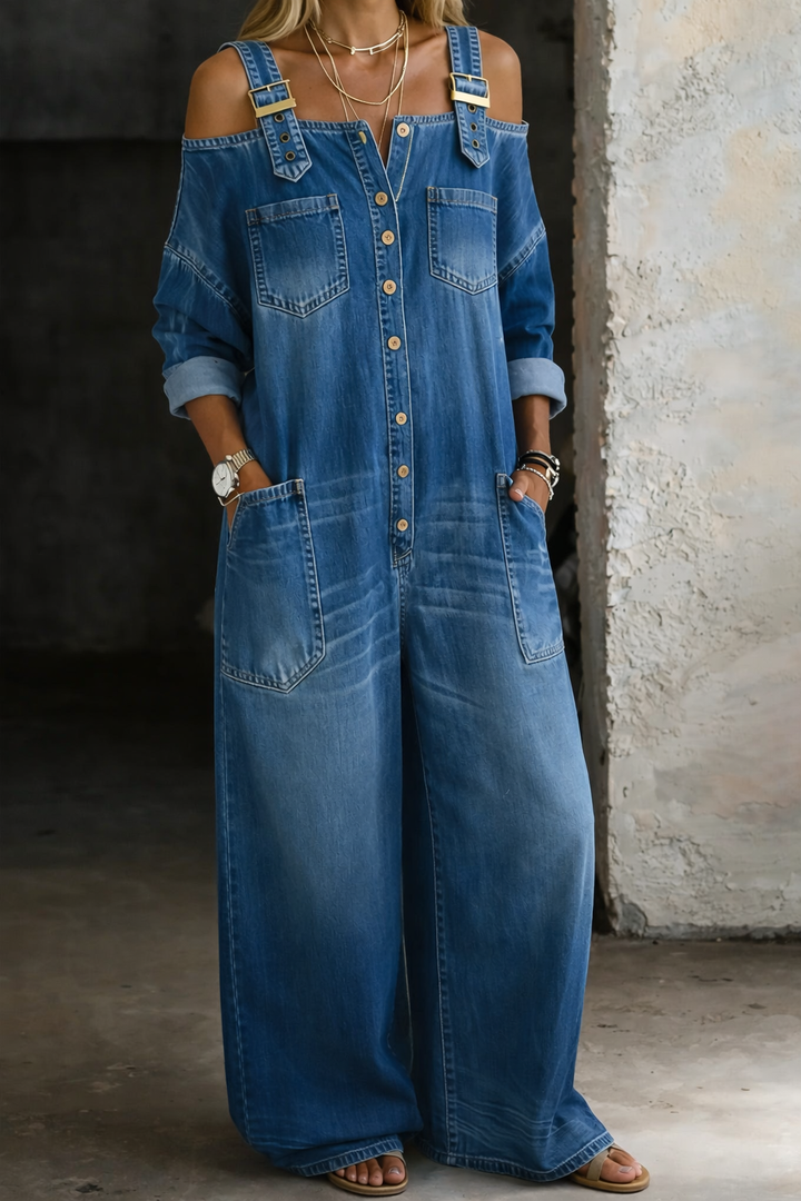 Elise | Off Shoulder Denim Jumpsuit