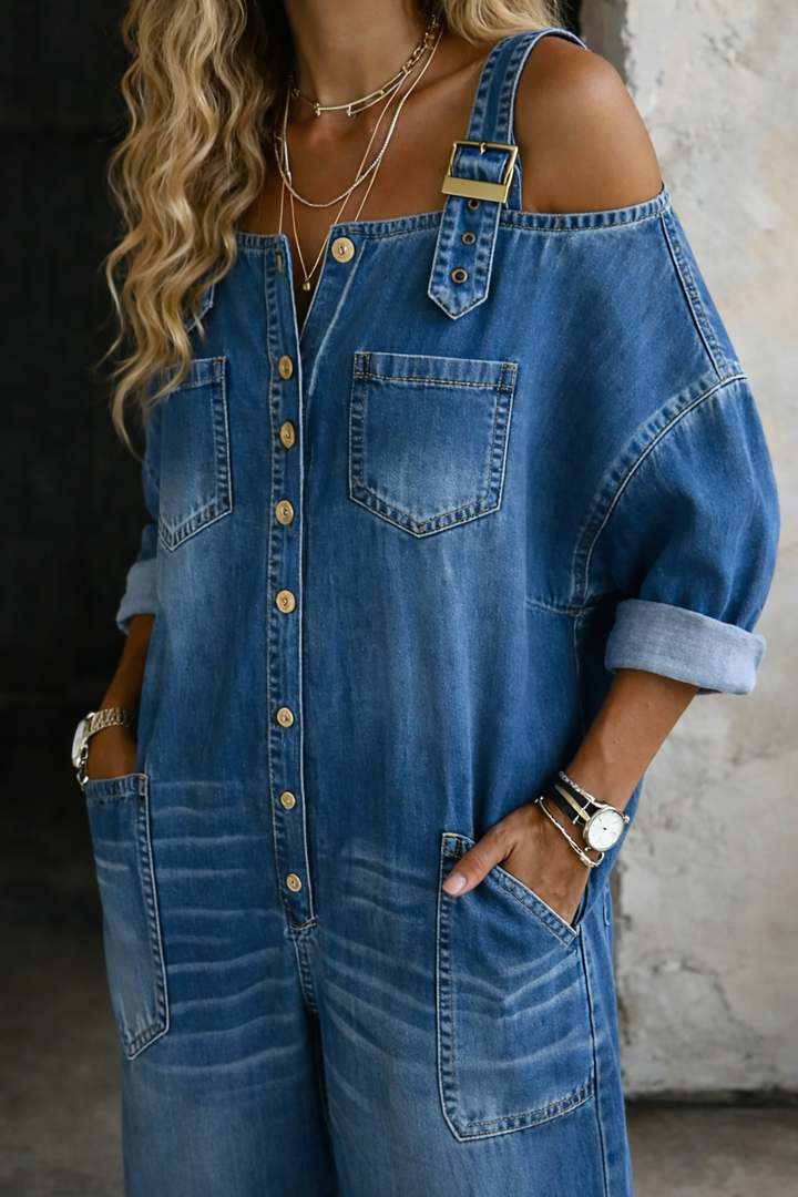 Elise | Off Shoulder Denim Jumpsuit