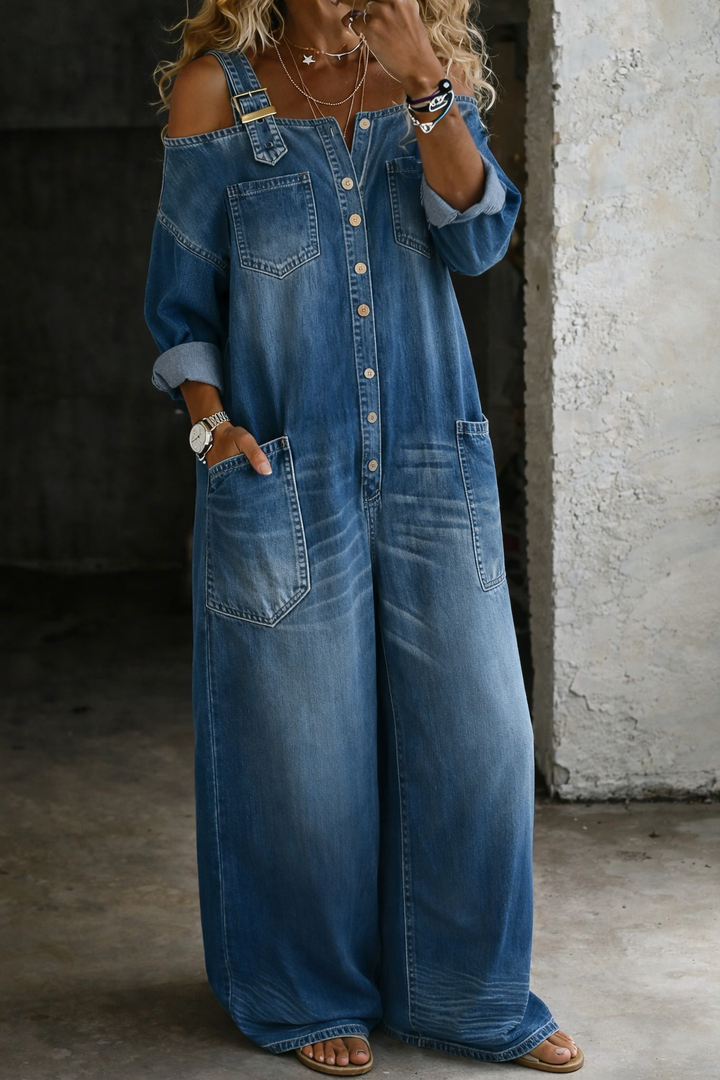 Elise | Off Shoulder Denim Jumpsuit