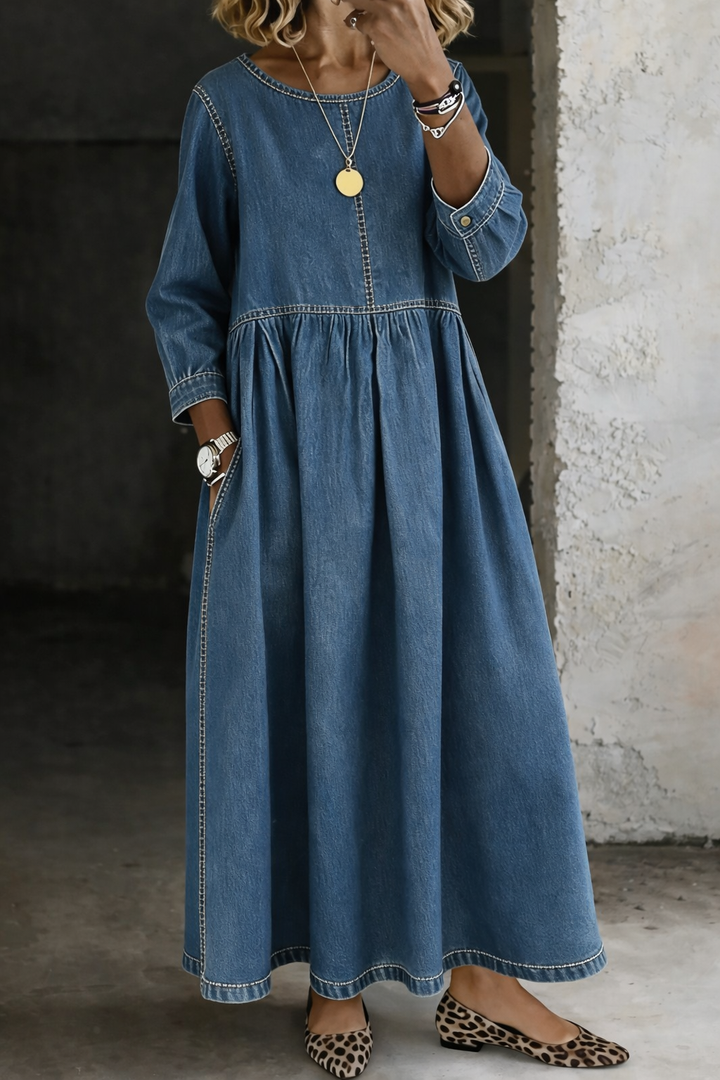 Zara | Round Neck Long Sleeve Denim Dress