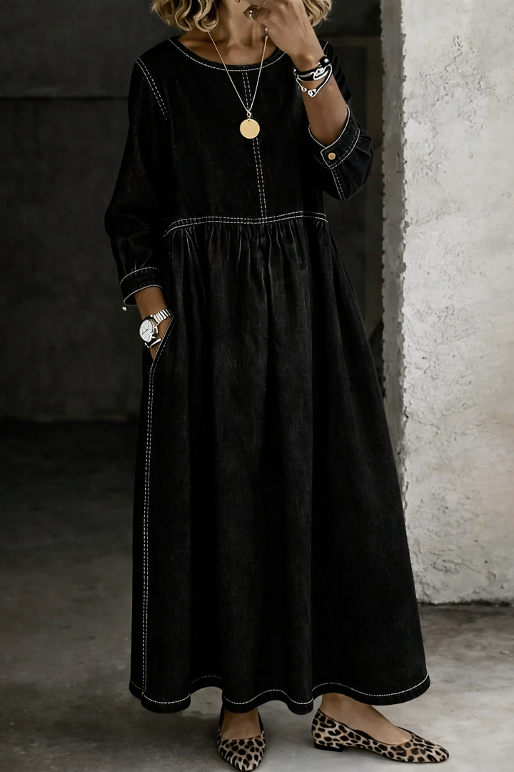 Zara | Round Neck Long Sleeve Denim Dress
