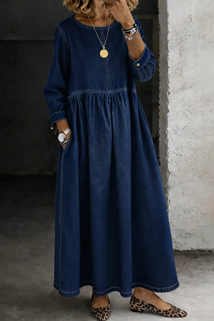 Zara | Round Neck Long Sleeve Denim Dress