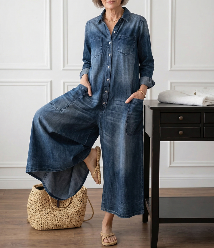 Mae | Vintage Washed Soft Cotton Denim Jumpsuit with Button Closure