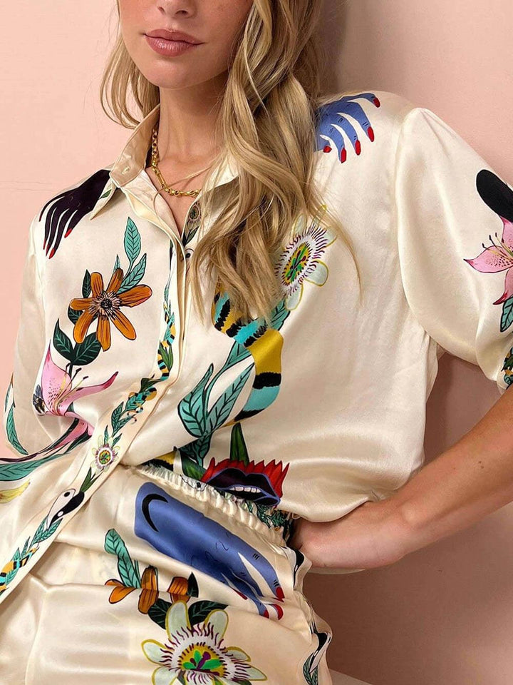 Nika | Resort Vibes Satin unique print shirt & trousers set Fit
