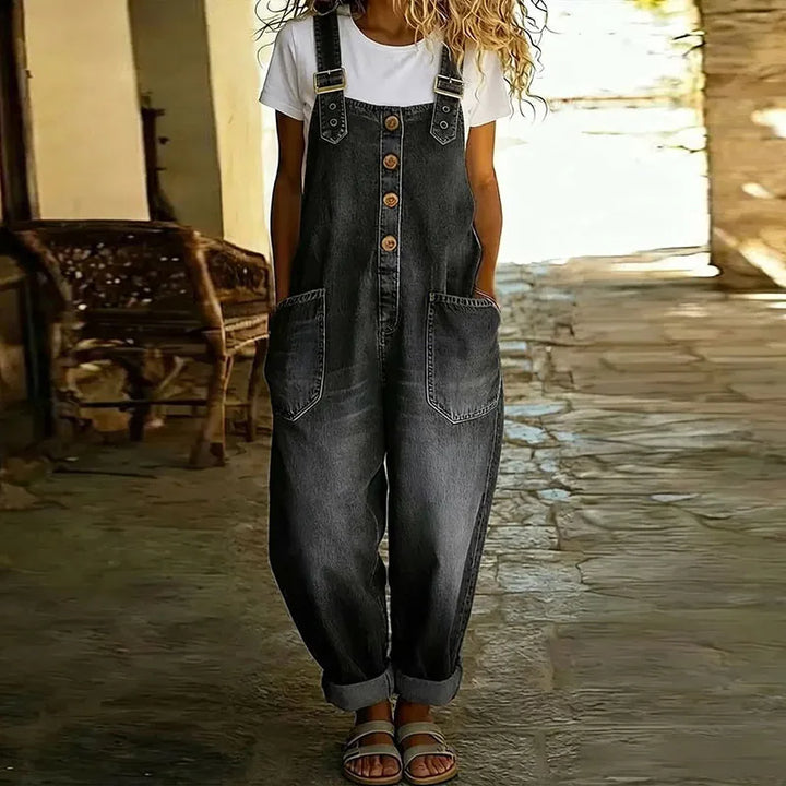 Kira | Vintage Soft Cotton Denim-Look Overalls with Adjustable straps