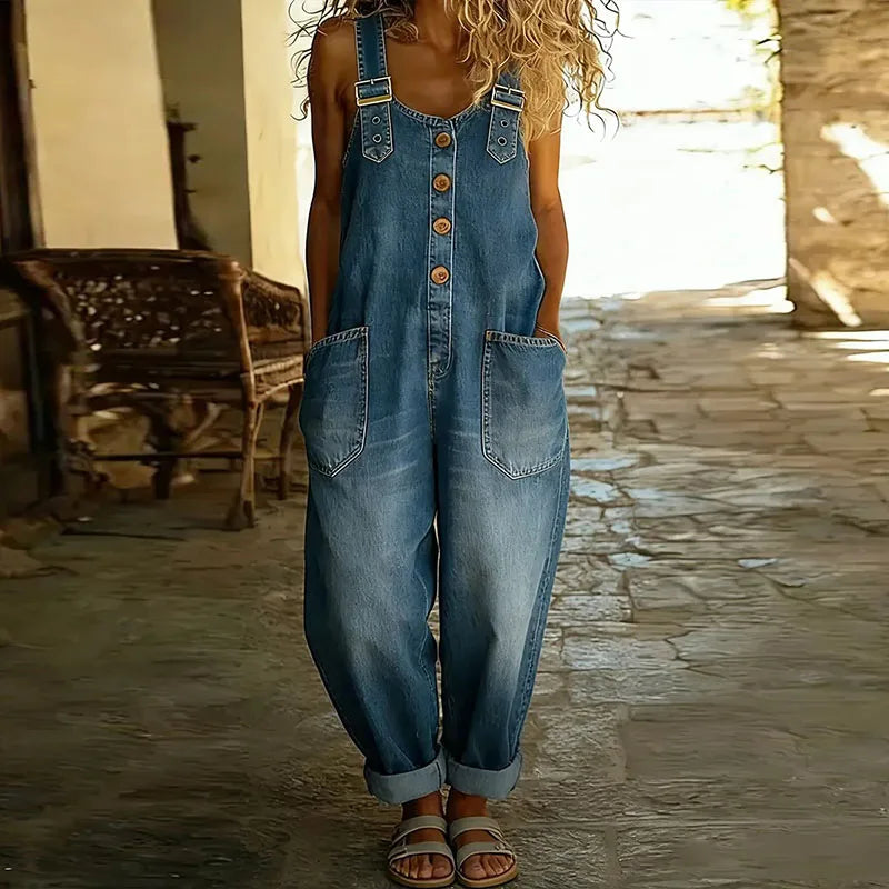 Kira | Vintage Soft Cotton Denim-Look Overalls with Adjustable straps