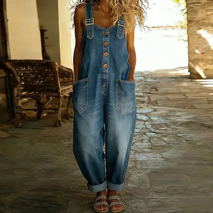 Kira | Vintage Soft Cotton Denim-Look Overalls with Adjustable straps