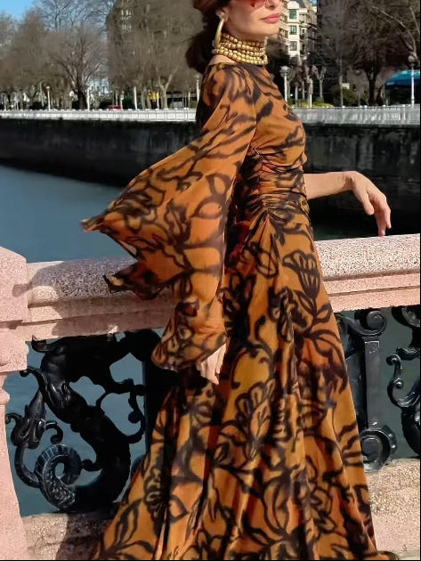 Ashley | Beach Glam Brown long printed dress