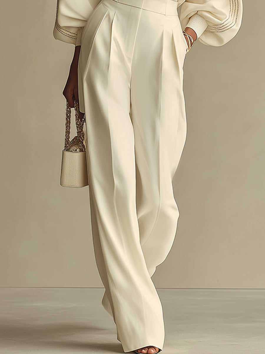 Isa | Ivory Crew Neck Top And High-waisted Wide-leg Pants Set