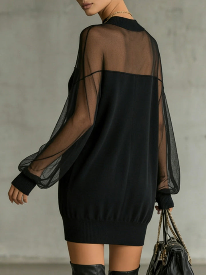 Daisy | Black Mesh Sleeve High‑Neck Midi Dress
