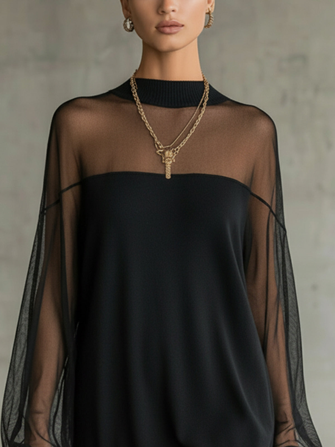 Daisy | Black Mesh Sleeve High‑Neck Midi Dress